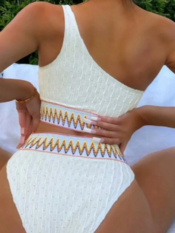 Textured 2-Piece Swimwear - One-Shoulder Tankini & High-Waisted Bikini