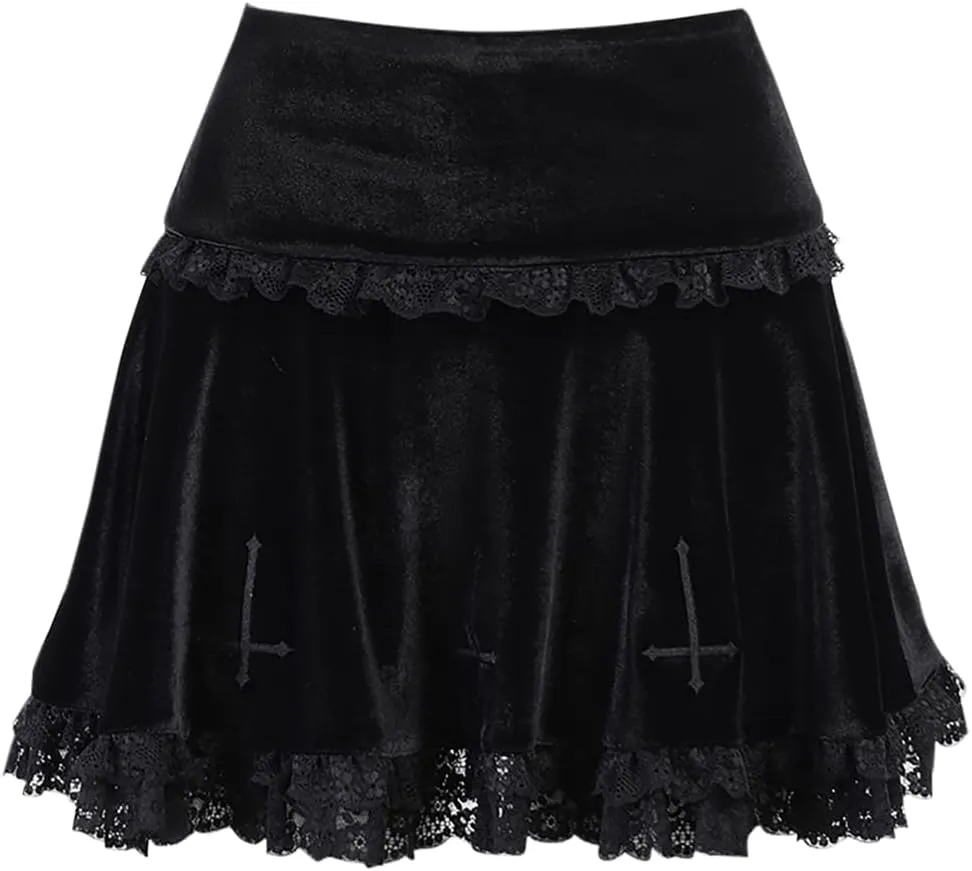 TSMNZMU Womens Gothic Mini Skirts Punk Grunge Velvet Skirts High Waist Emo Skirt Mall Goth Alt Harajuku Skirt