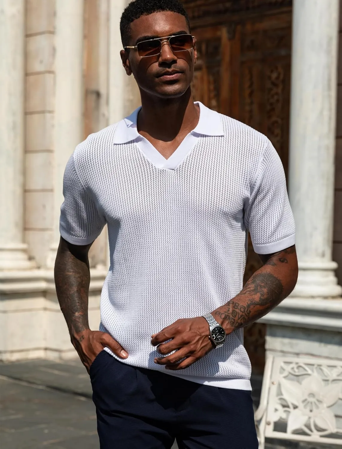 URRU Mens Muscle Polo Shirt Casual Short Sleeve Hollow Out Knit Shirts V Neck Mesh Beach Polo Shirt
