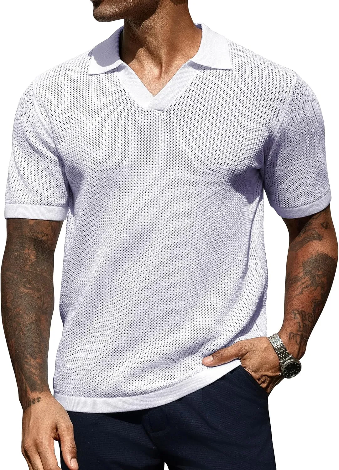 URRU Mens Muscle Polo Shirt Casual Short Sleeve Hollow Out Knit Shirts V Neck Mesh Beach Polo Shirt