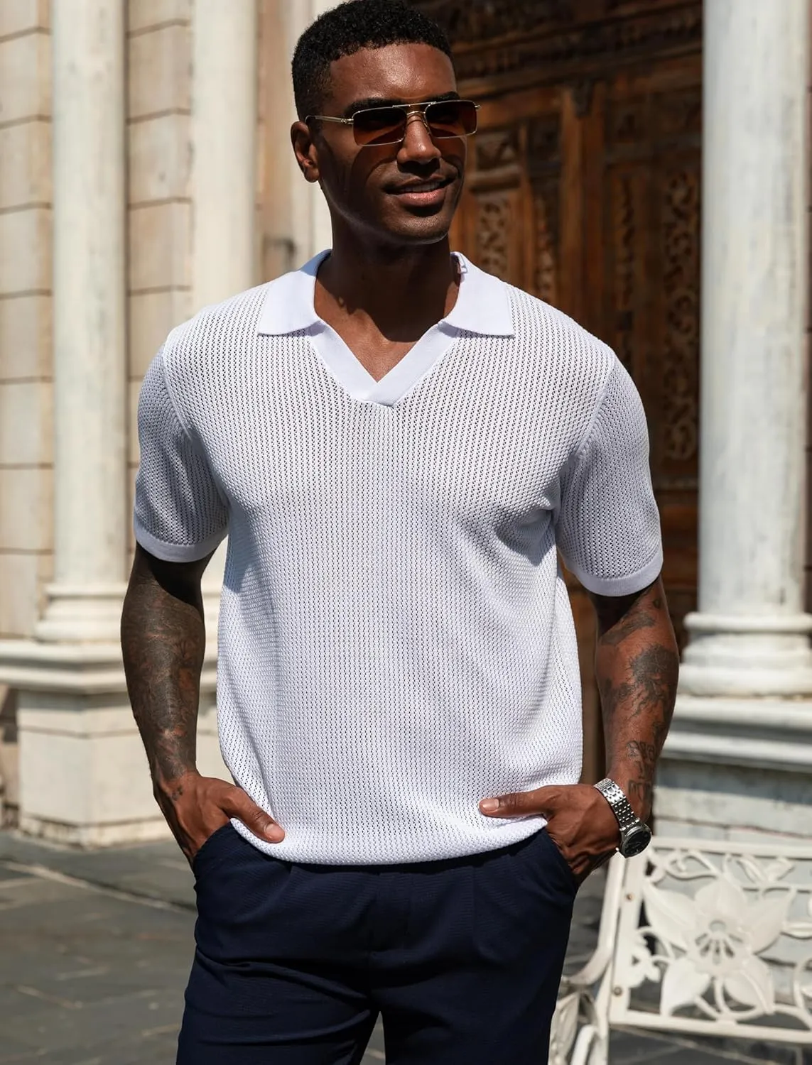 URRU Mens Muscle Polo Shirt Casual Short Sleeve Hollow Out Knit Shirts V Neck Mesh Beach Polo Shirt