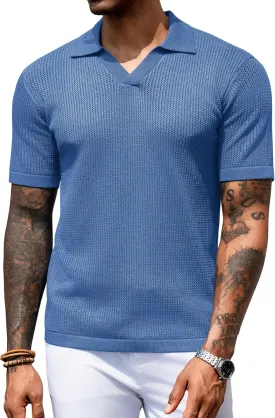 URRU Mens Muscle Polo Shirt Casual Short Sleeve Hollow Out Knit Shirts V Neck Mesh Beach Polo Shirt
