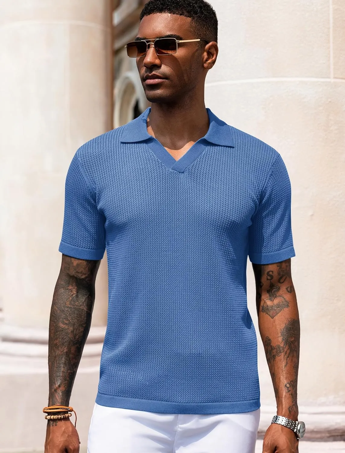 URRU Mens Muscle Polo Shirt Casual Short Sleeve Hollow Out Knit Shirts V Neck Mesh Beach Polo Shirt
