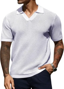 URRU Mens Muscle Polo Shirt Casual Short Sleeve Hollow Out Knit Shirts V Neck Mesh Beach Polo Shirt