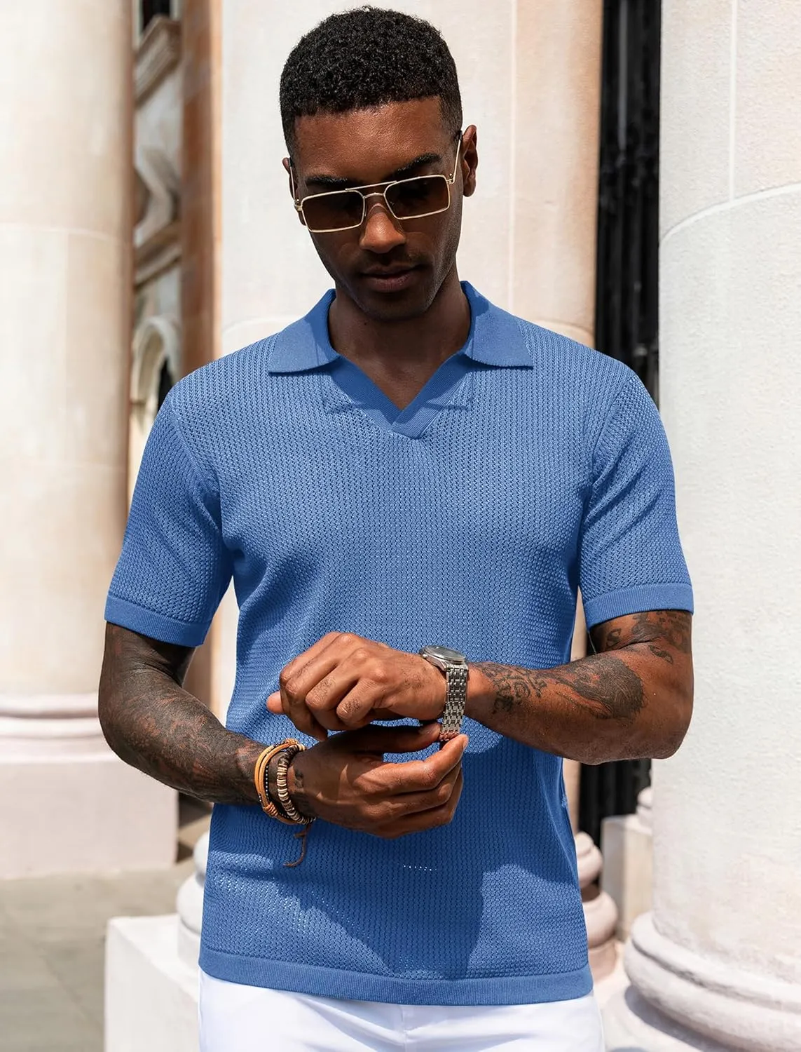 URRU Mens Muscle Polo Shirt Casual Short Sleeve Hollow Out Knit Shirts V Neck Mesh Beach Polo Shirt