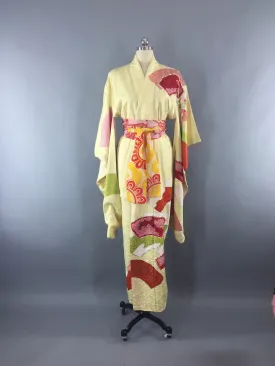 Vintage 1950s Silk Kimono Robe Furisode / Pale Yellow Fans