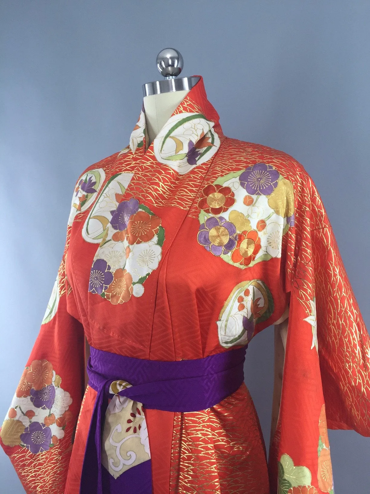 Vintage 1960s Silk Kimono Robe Art Deco Orange Floral
