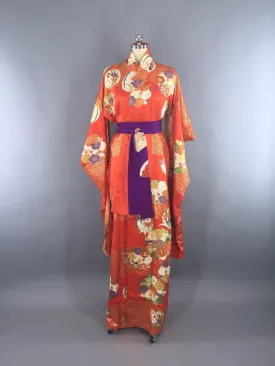 Vintage 1960s Silk Kimono Robe Art Deco Orange Floral