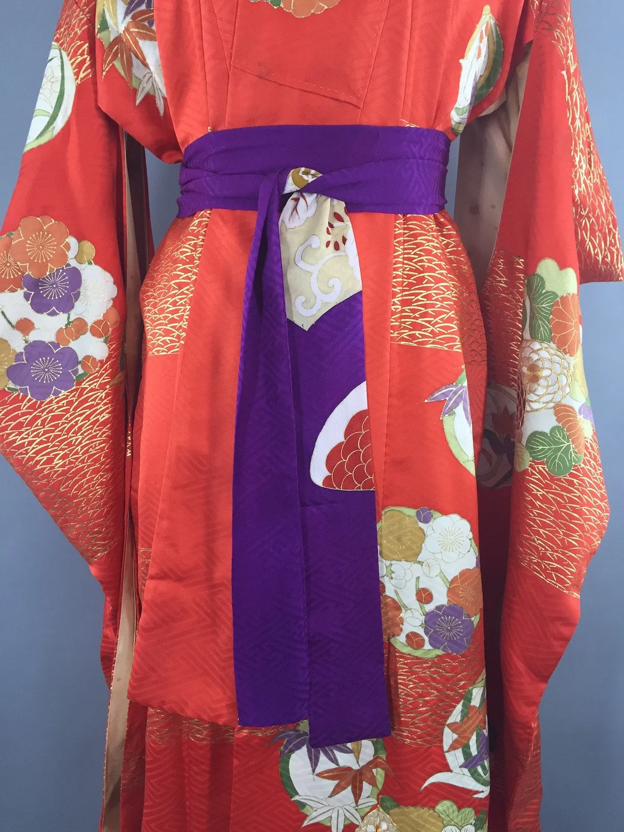 Vintage 1960s Silk Kimono Robe Art Deco Orange Floral