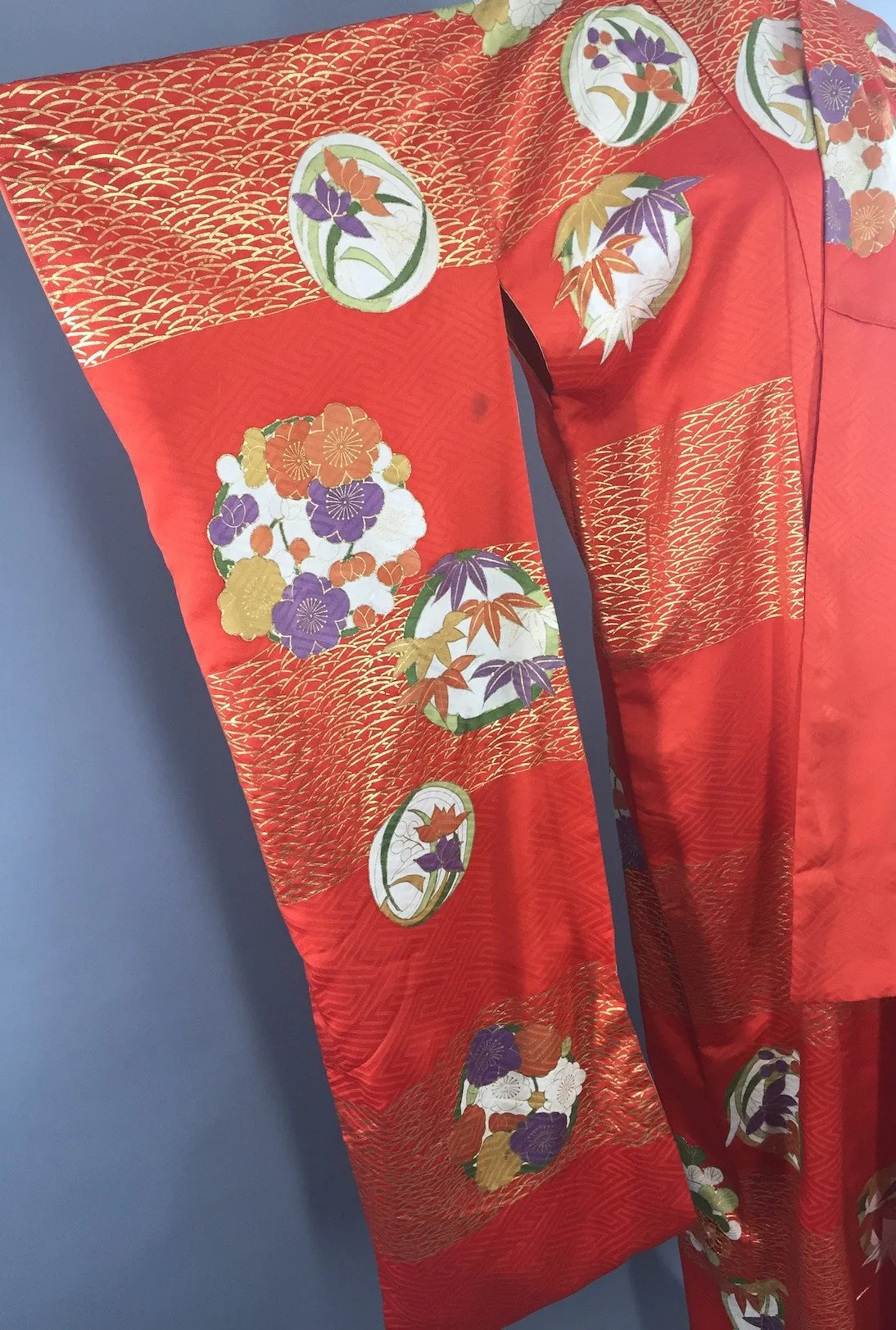 Vintage 1960s Silk Kimono Robe Art Deco Orange Floral