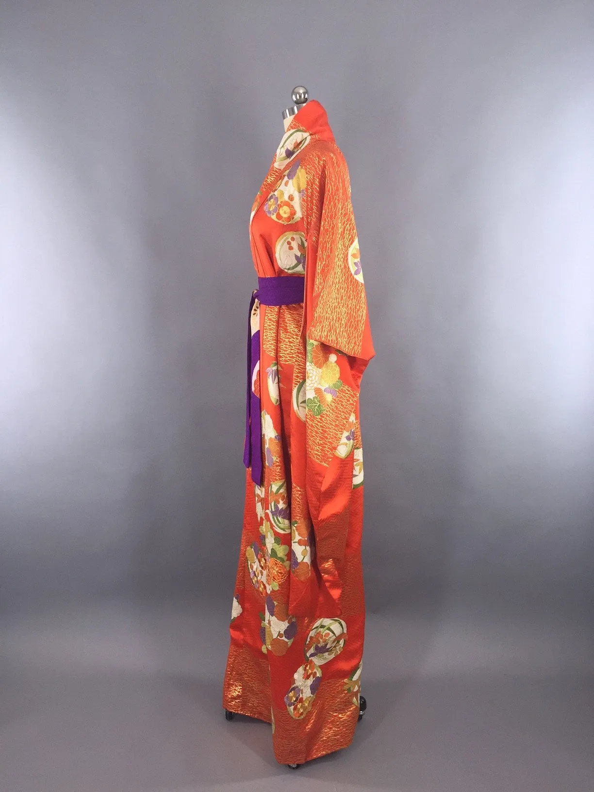 Vintage 1960s Silk Kimono Robe Art Deco Orange Floral
