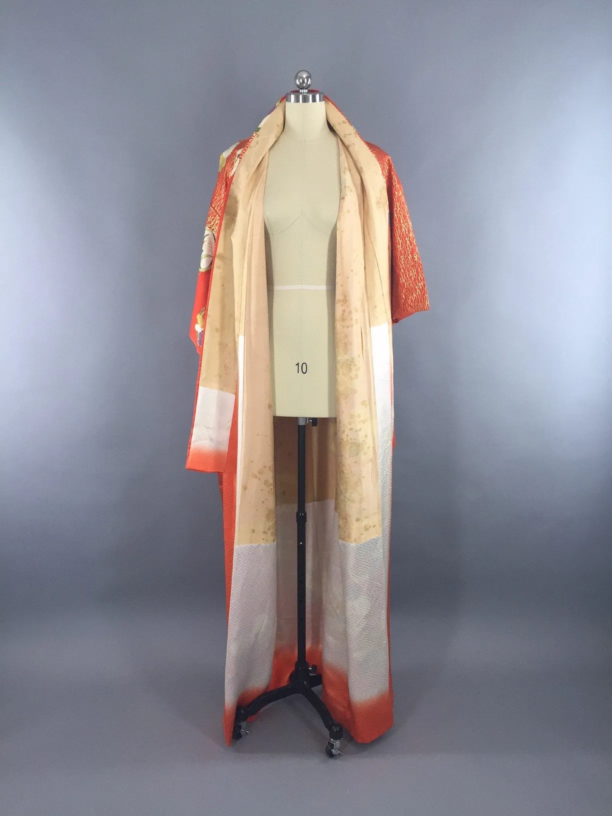 Vintage 1960s Silk Kimono Robe Art Deco Orange Floral
