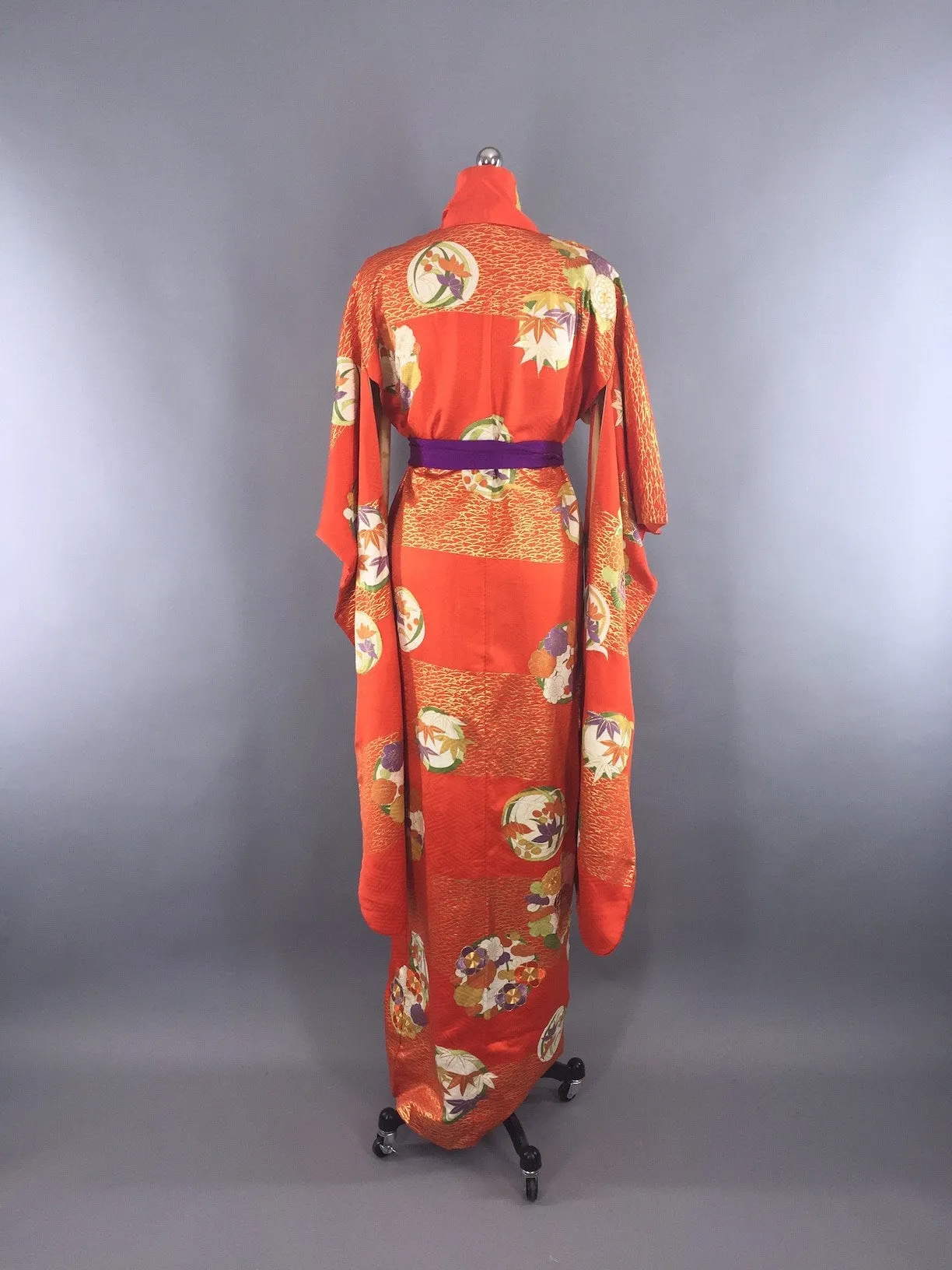 Vintage 1960s Silk Kimono Robe Art Deco Orange Floral