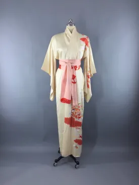 Vintage 1970s Silk Kimono Robe / Ivory Orange Lavender Floral