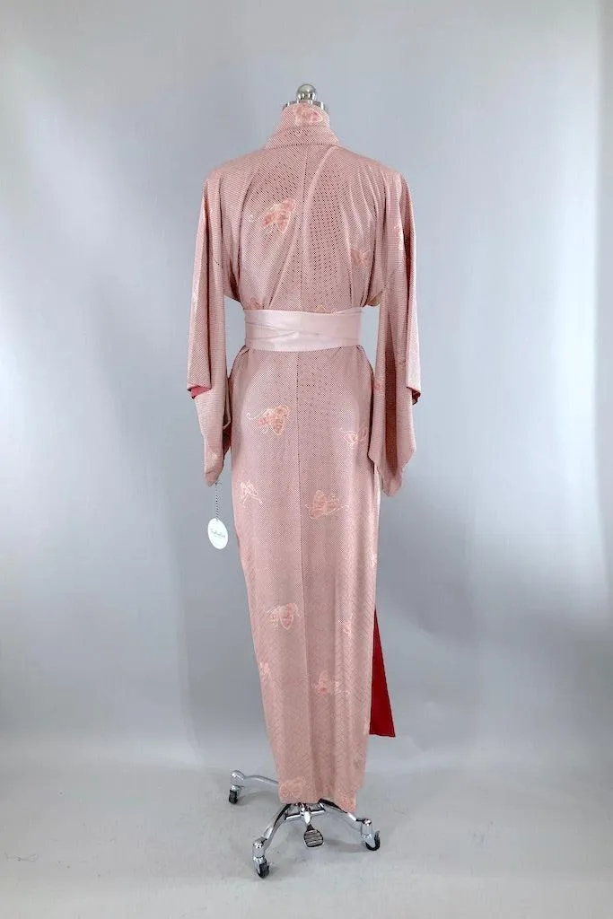 Vintage Ivory & Maroon Red Butterflies Silk Kimono