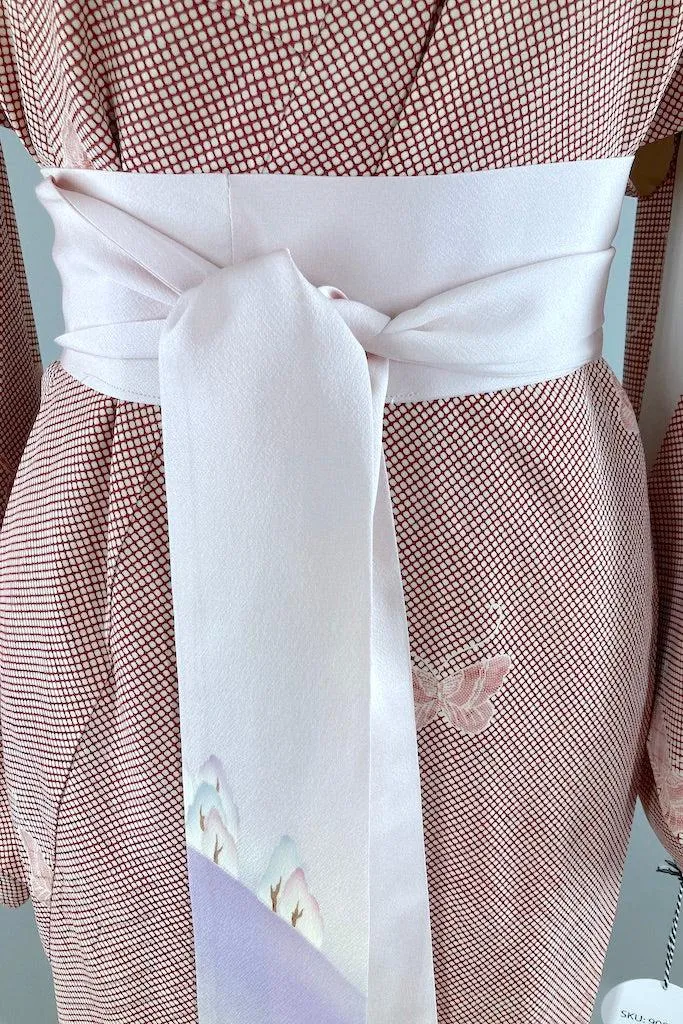 Vintage Ivory & Maroon Red Butterflies Silk Kimono