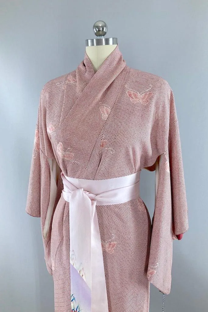 Vintage Ivory & Maroon Red Butterflies Silk Kimono