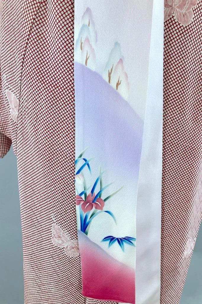 Vintage Ivory & Maroon Red Butterflies Silk Kimono