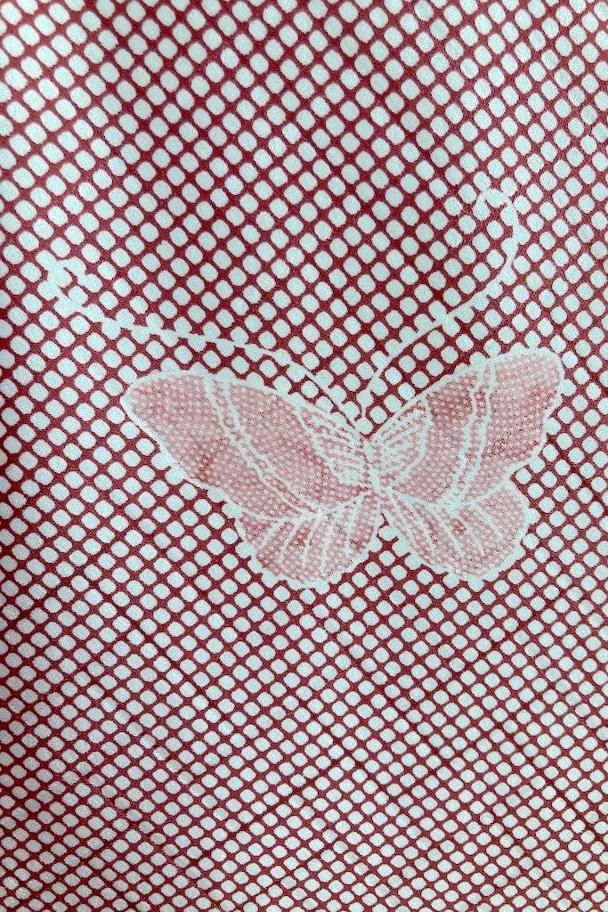 Vintage Ivory & Maroon Red Butterflies Silk Kimono