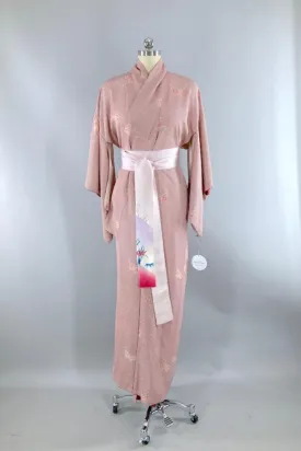 Vintage Ivory & Maroon Red Butterflies Silk Kimono