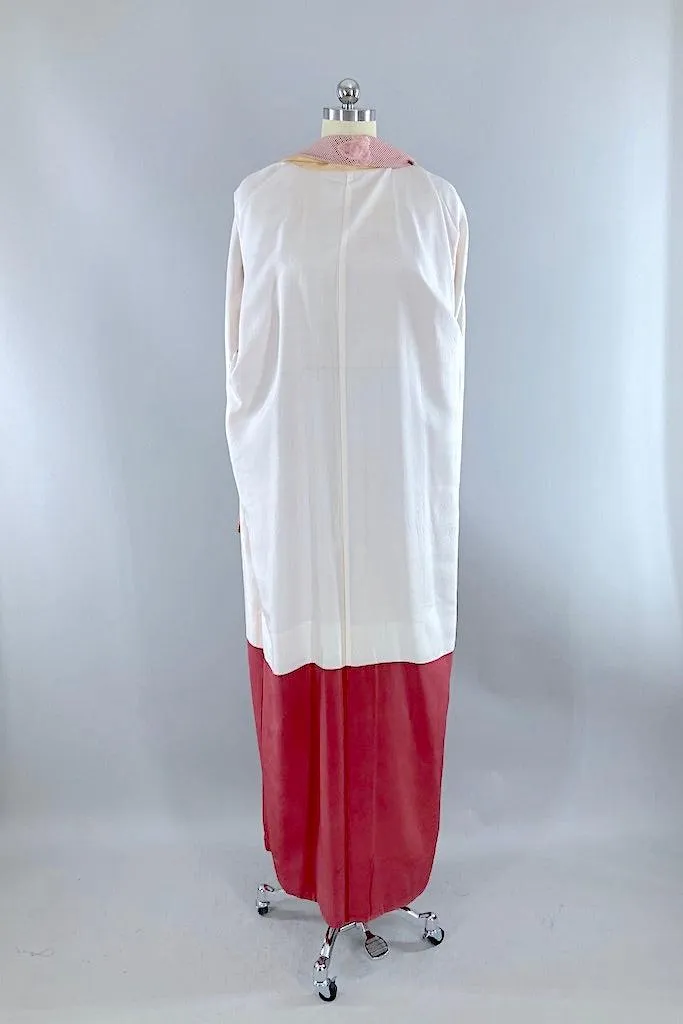 Vintage Ivory & Maroon Red Butterflies Silk Kimono