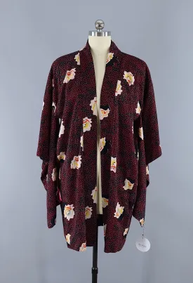 Vintage Kimono Jacket Cardigan / 1940s Black & Red Floral Dots