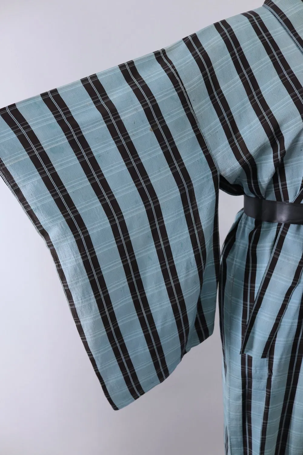Vintage Silk Kimono Robe / Blue & Black Plaid