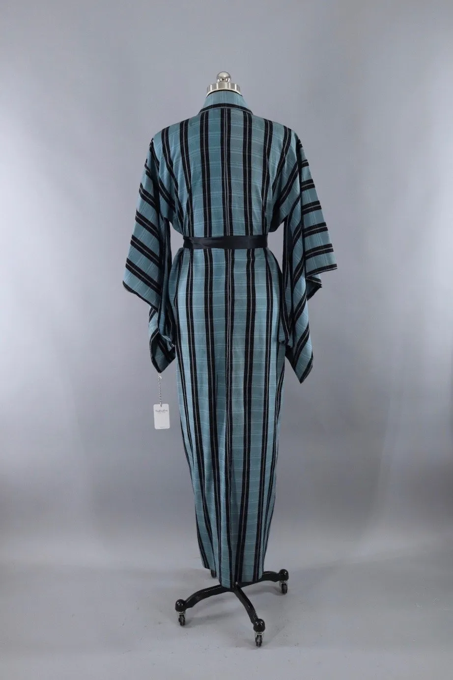 Vintage Silk Kimono Robe / Blue & Black Plaid