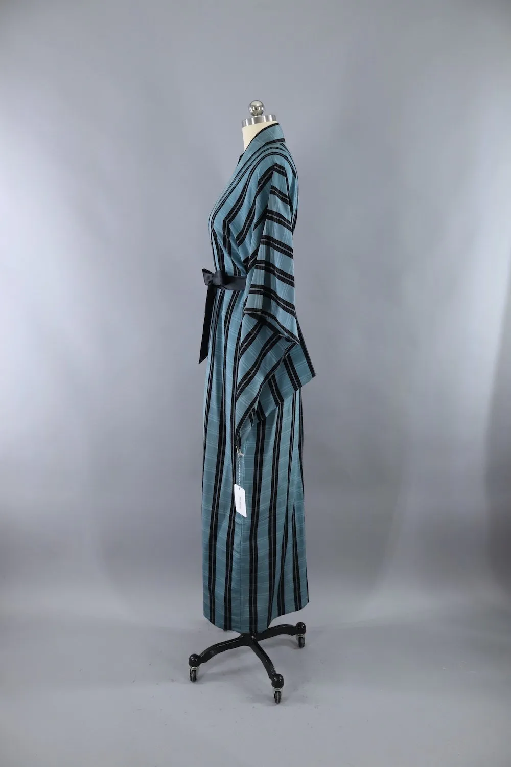 Vintage Silk Kimono Robe / Blue & Black Plaid