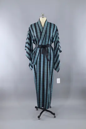 Vintage Silk Kimono Robe / Blue & Black Plaid