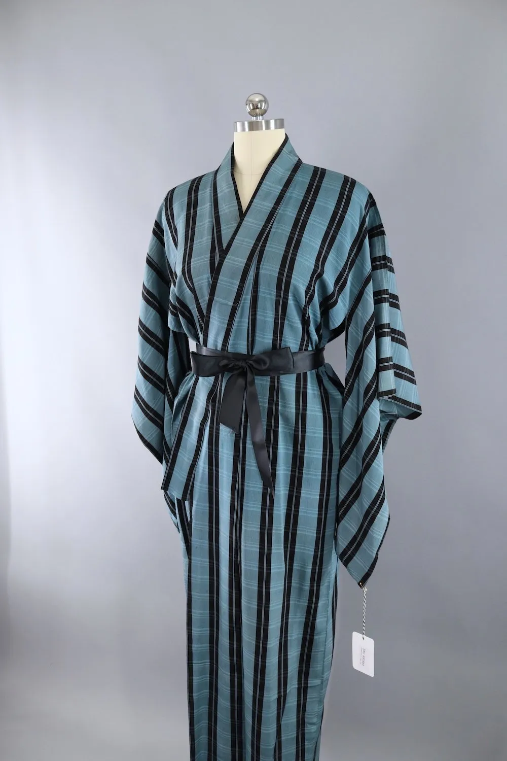 Vintage Silk Kimono Robe / Blue & Black Plaid