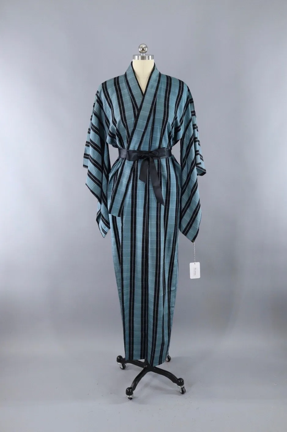 Vintage Silk Kimono Robe / Blue & Black Plaid