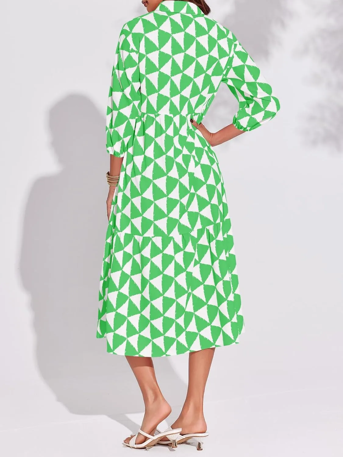 Wenrine Womens Boho Midi Dress Long Sleeve Casual Color Block Beach Button Down Shirt Dress