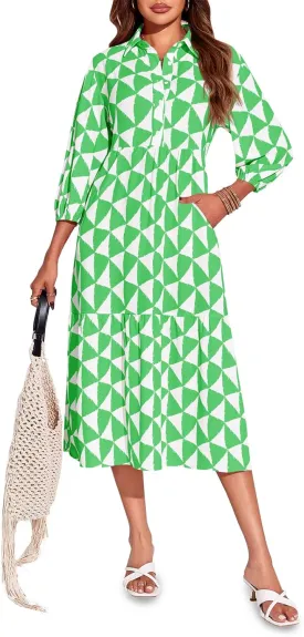 Wenrine Womens Boho Midi Dress Long Sleeve Casual Color Block Beach Button Down Shirt Dress