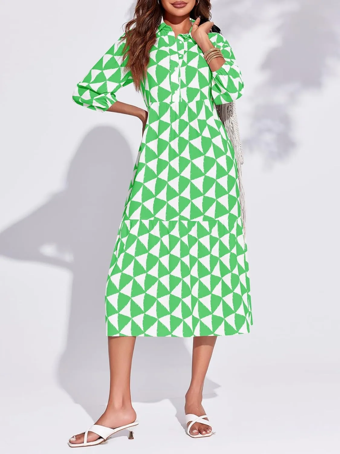 Wenrine Womens Boho Midi Dress Long Sleeve Casual Color Block Beach Button Down Shirt Dress