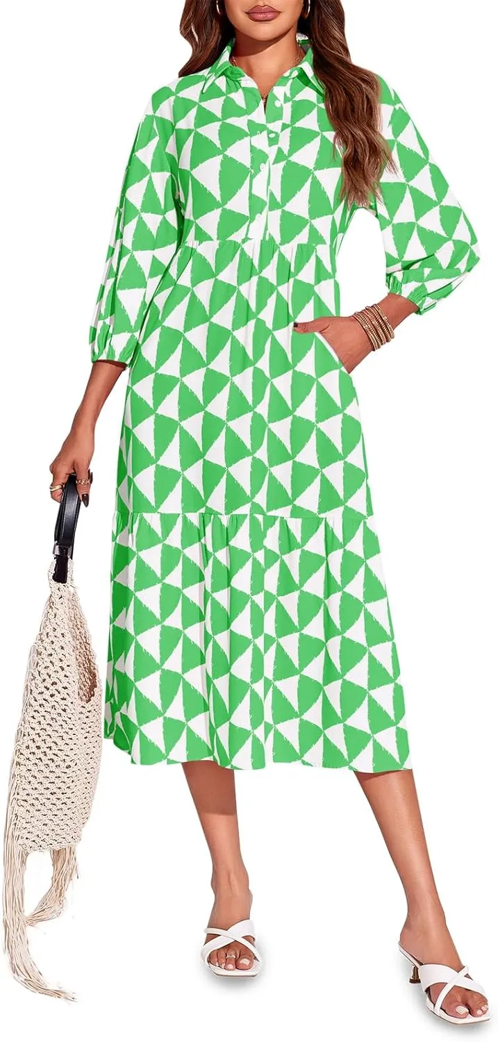 Wenrine Womens Boho Midi Dress Long Sleeve Casual Color Block Beach Button Down Shirt Dress