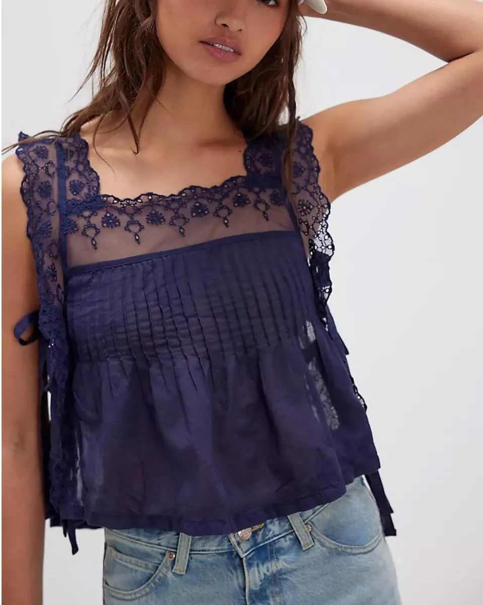Women Lace Trim Tie Side Vest Tops Y2K Cute Sleeveless Square Neck Floral Embroidered Crop Tank Tops