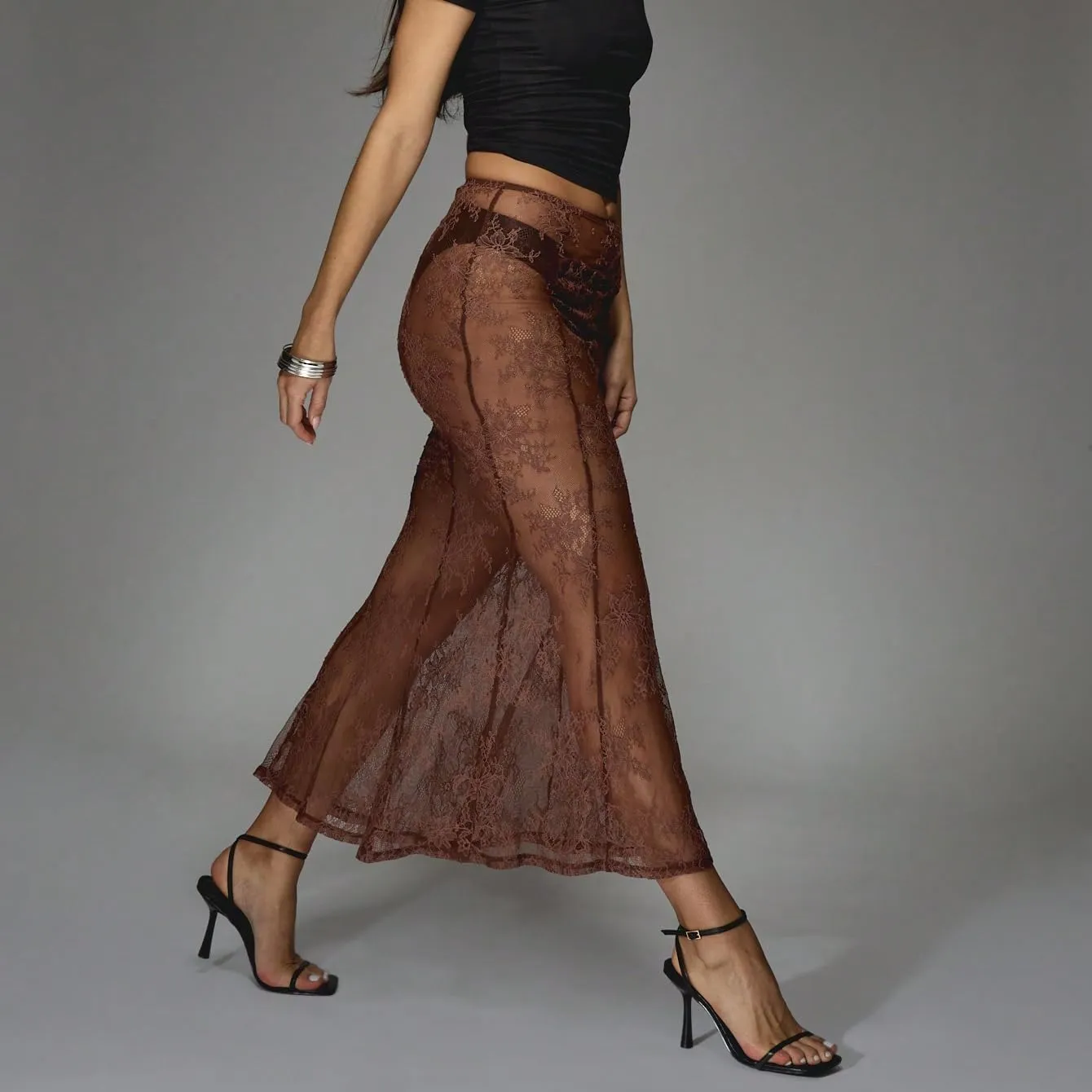 Women Sexy Lace Long Skirt Sheer Mesh Bodycon Maxi Skirts Elegant Summer Beach Coverups