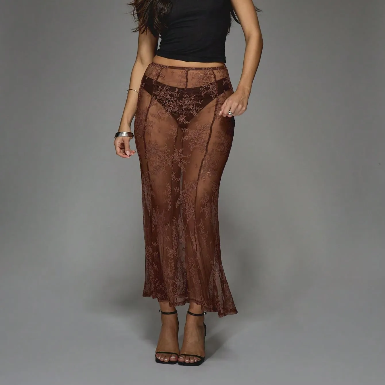Women Sexy Lace Long Skirt Sheer Mesh Bodycon Maxi Skirts Elegant Summer Beach Coverups