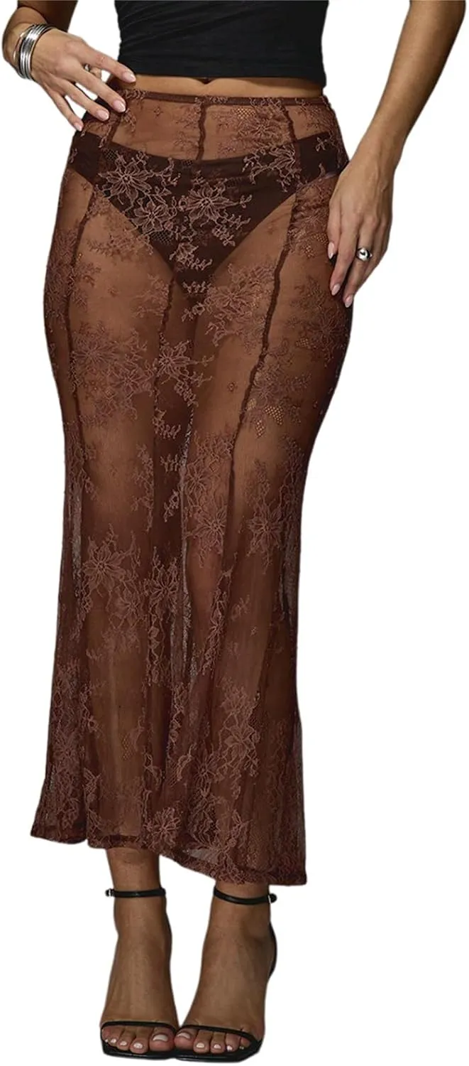 Women Sexy Lace Long Skirt Sheer Mesh Bodycon Maxi Skirts Elegant Summer Beach Coverups