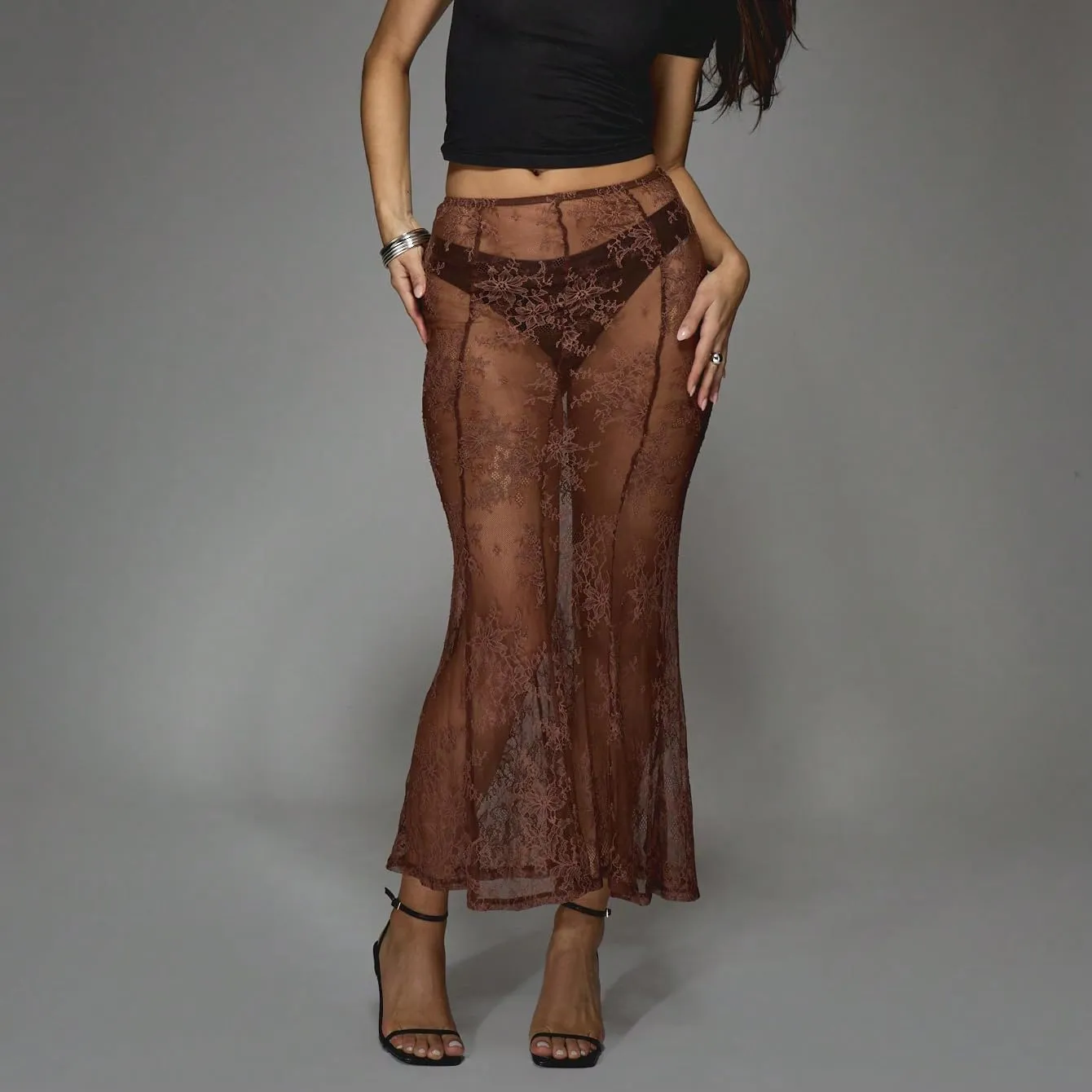 Women Sexy Lace Long Skirt Sheer Mesh Bodycon Maxi Skirts Elegant Summer Beach Coverups