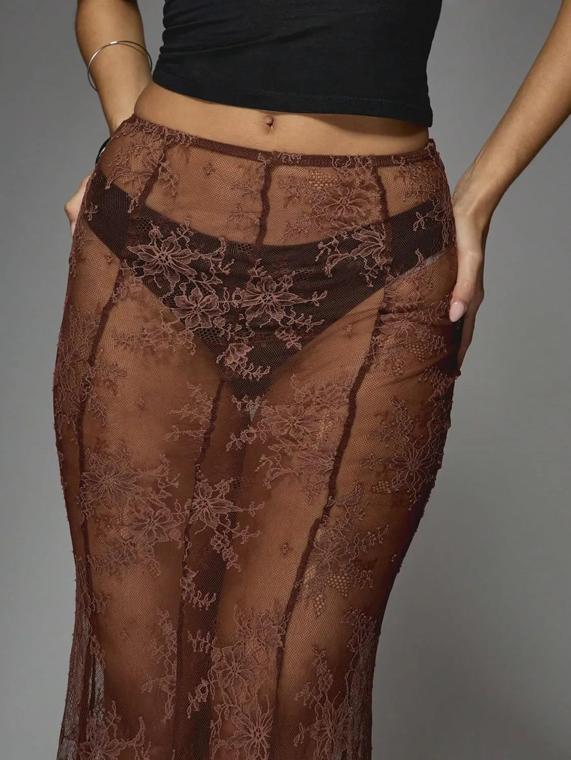 Women Sexy Lace Long Skirt Sheer Mesh Bodycon Maxi Skirts Elegant Summer Beach Coverups