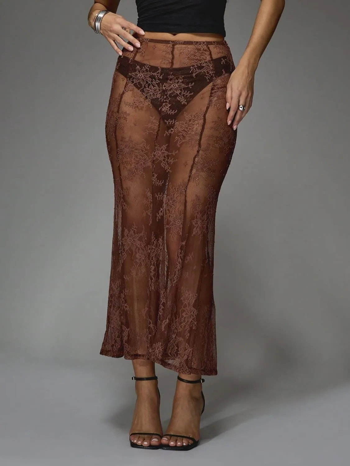 Women Sexy Lace Long Skirt Sheer Mesh Bodycon Maxi Skirts Elegant Summer Beach Coverups