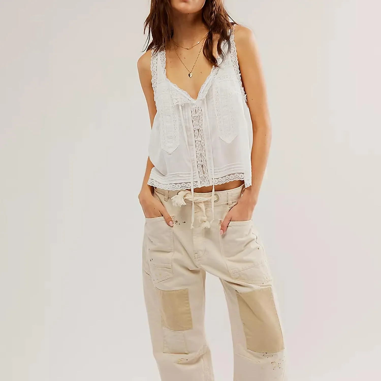 Women Y2k Tank Tops Lace Trim Sleeveless Sheer See Through Lace Up Button Cami Shirt Going Out Tops Vest
