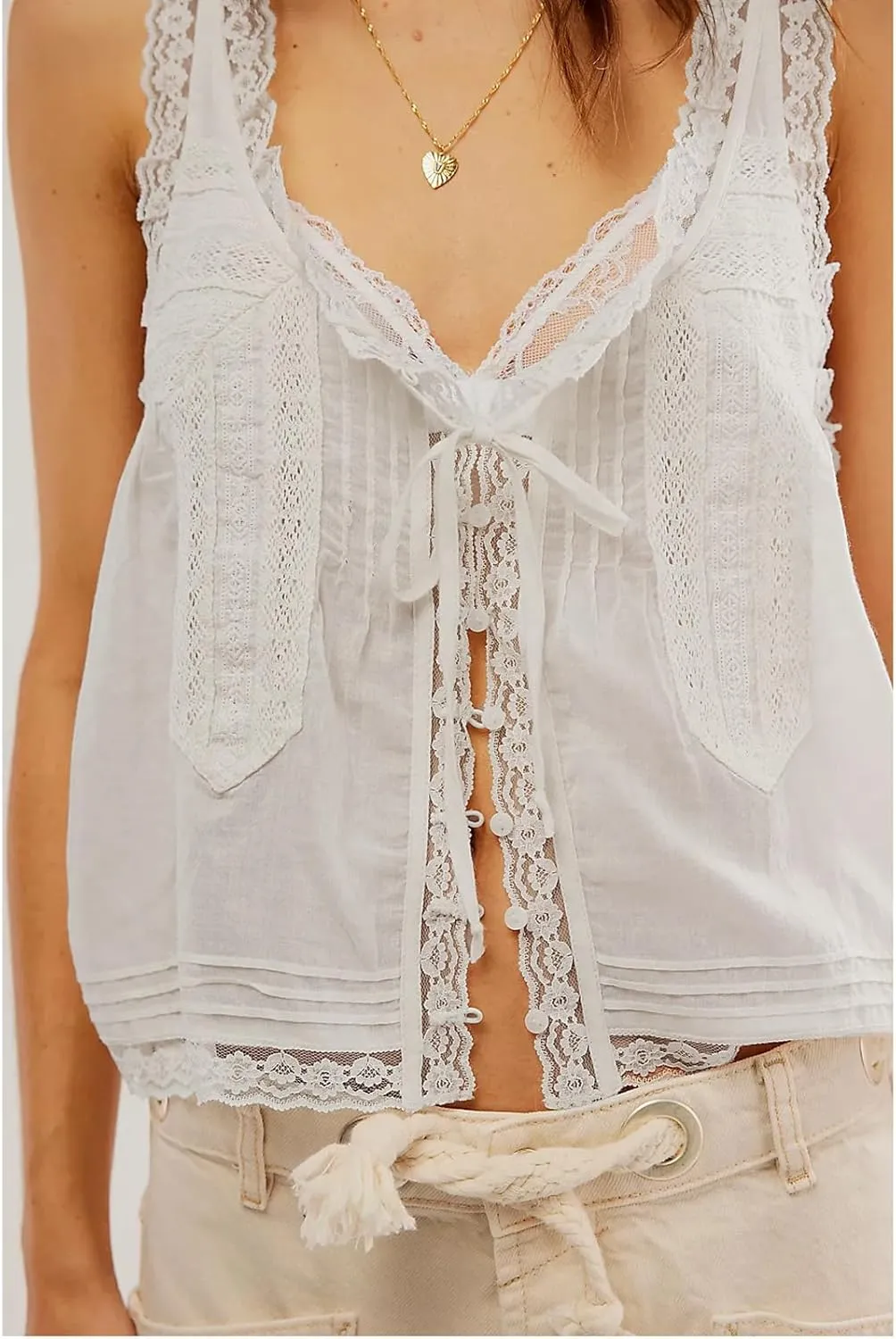 Women Y2k Tank Tops Lace Trim Sleeveless Sheer See Through Lace Up Button Cami Shirt Going Out Tops Vest