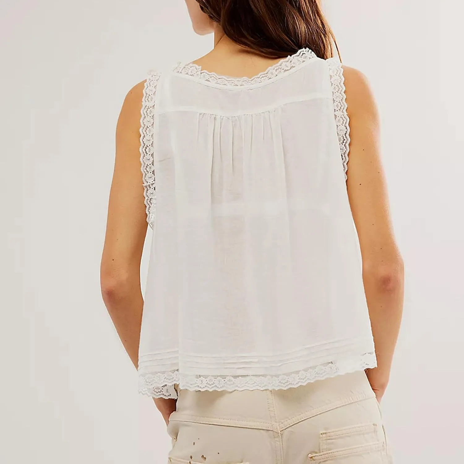 Women Y2k Tank Tops Lace Trim Sleeveless Sheer See Through Lace Up Button Cami Shirt Going Out Tops Vest