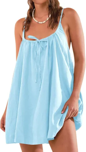 Womens Beach Cover Ups Swimwear Summer Casual Mini Dress Spaghetti Strap Backless Linen Sundresses with Pockets