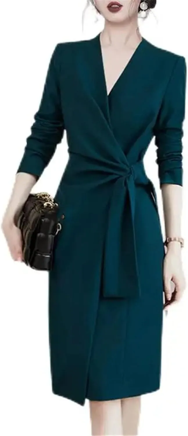 Women's Elegant OL Bodycon Dress - V-Neck Long Sleeve Lace-Up Mid-Length Party Evening