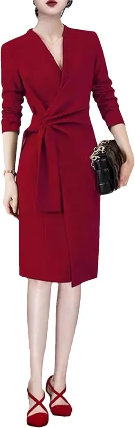 Women's Elegant OL Bodycon Dress - V-Neck Long Sleeve Lace-Up Mid-Length Party Evening