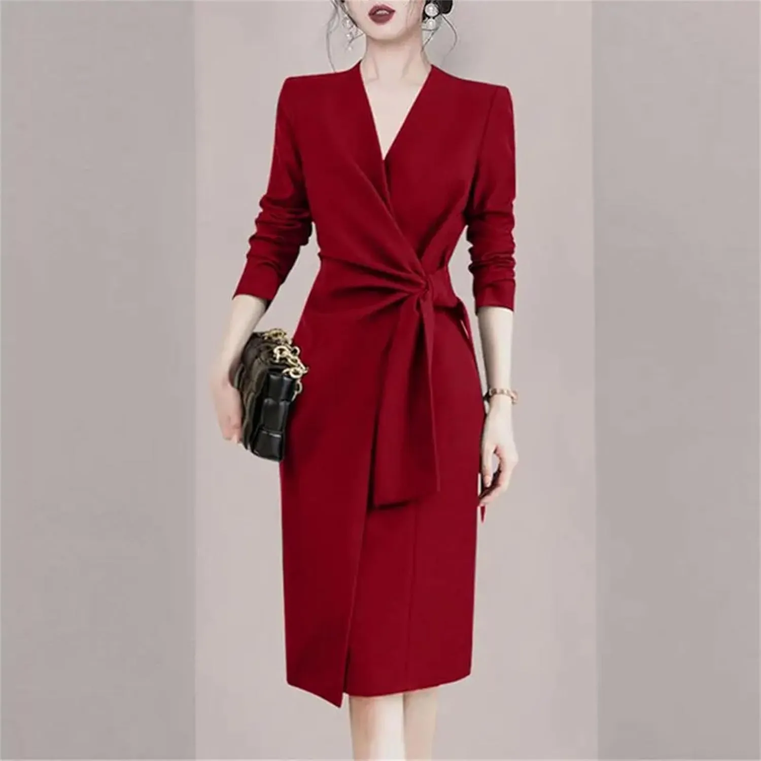 Women's Elegant OL Bodycon Dress - V-Neck Long Sleeve Lace-Up Mid-Length Party Evening